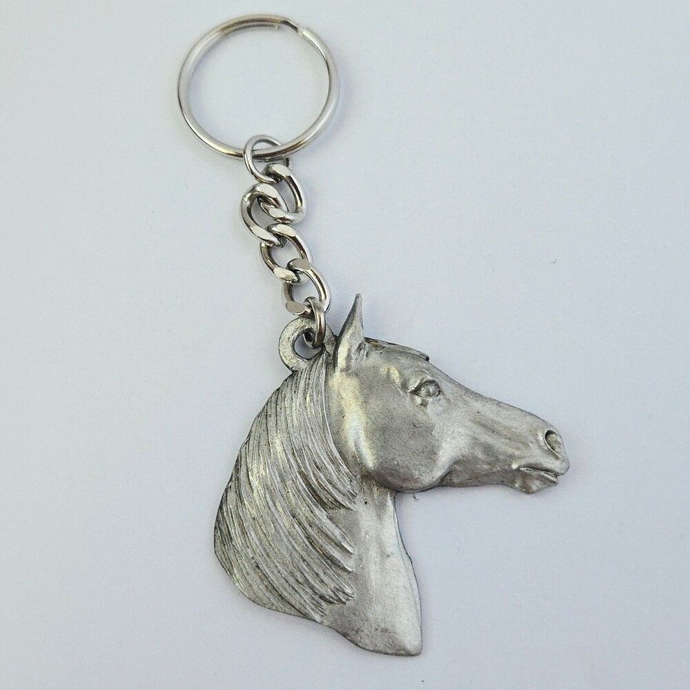 Vintage Pewter Arabian Horse Keychain Key Ring Purse Bag Charm Arab Horse Head